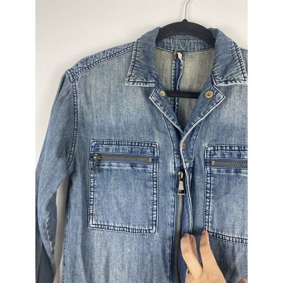 Free People Womens Denim Jumpsuit Size 27 Boiler Suit Blue Long Sleeve Cotton - Picture 2 of 12